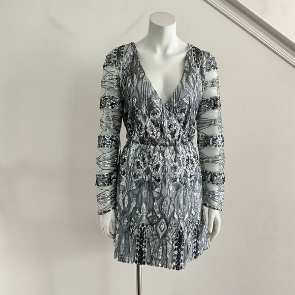 Bebe Geometric Sequin Faux Wrap Illusion Mini Long Sleeve Silver-tone 10 - Picture 8 of 11